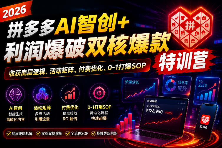 2026拼多多AI智创+利润爆破双核爆款特训营，收获底层逻辑、活动矩阵、付费优化、0-1打爆SOP-靠谱项目库