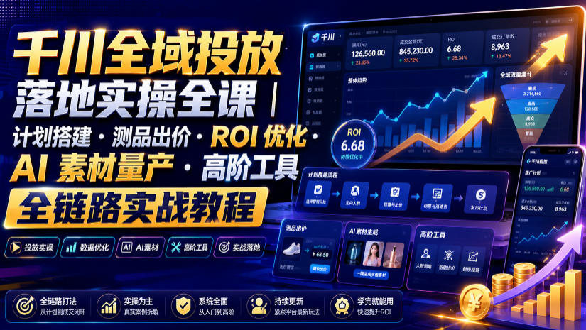 千川全域投放落地实操全课｜计划搭建・测品出价・ROI优化・AI素材量产・高阶工具全链路实战教程-靠谱项目库