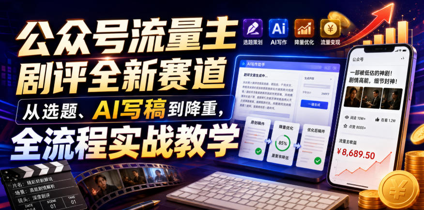 公众号流量主剧评全新赛道，从选题、AI写稿到降重，全流程实战教学-靠谱项目库