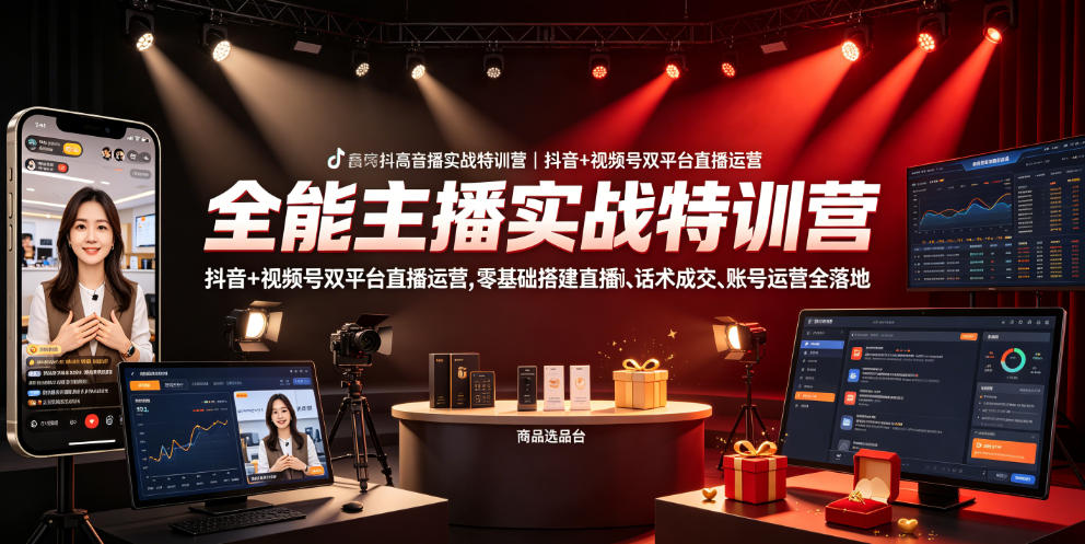 全能主播实战特训营｜抖音+视频号双平台直播运营，零基础搭建直播间、精准选品、话术成交、账号运营全落地-靠谱项目库