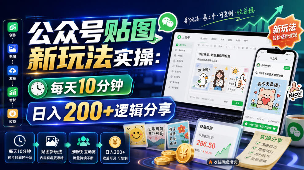 公众号贴图新玩法实操，每天10分钟，日入200+逻辑分享-靠谱项目库