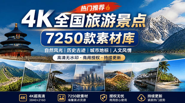 热门全国旅游风景素材！4K全国旅游景点素材库，7250款素材，旅行达人城市航拍风景风光高清短视频-靠谱项目库