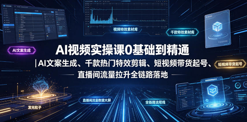 AI视频实操课0基础到精通|AI文案生成、千款热门特效剪辑、短视频带货起号、直播间流量拉升全链路落地-靠谱项目库