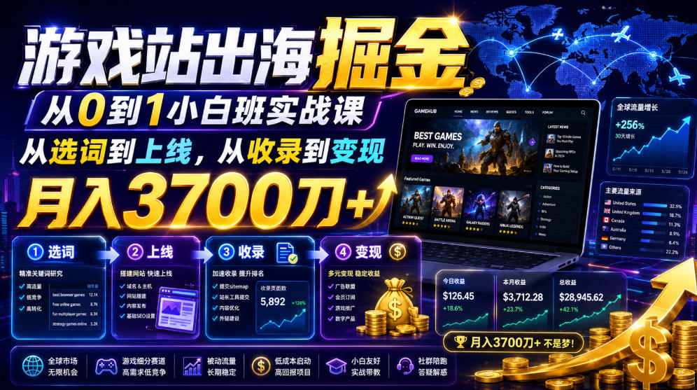 游戏站出海掘金从0到1小白实战课，从选词到上线，从收录到变现，月入3700刀+-靠谱项目库