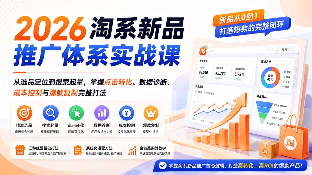 （19908期）2026淘系新品推广体系实战课：从选品定位到搜索起量，掌握点击转化、数据诊断、成本控制与爆款复制完整打法-靠谱项目库