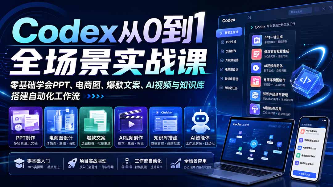 (20041期)Codex从0到1全场景实战课:零基础学会PPT、电商图、爆款文案、AI视频与知识库,搭建自动化工作流-靠谱项目库