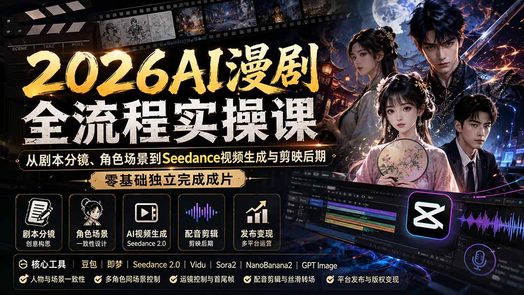 (20042期)2026AI漫剧全流程实操课:从剧本分镜、角色场景到Seedance视频生成与剪映后期,零基础独立完成成片-靠谱项目库