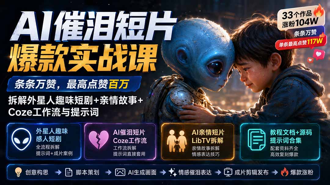 (20038期)AI催泪短片爆款实战课:条条万赞,最高点赞百万,拆解外星人趣味短剧+亲情故事+Coze工作流与提示词-靠谱项目库