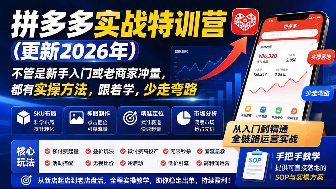 (19988期)拼多多实战特训营(更新26年0821):不管是新手入门或老商家冲量,都有实操方法,跟着学,少走弯路-靠谱项目库