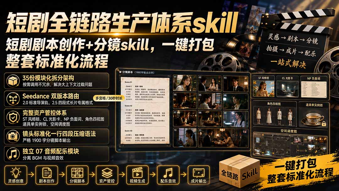 （19911期）短剧全链路生产体系skill，短剧剧本创作+分镜skill，一键打包，整套标准化流程-靠谱项目库