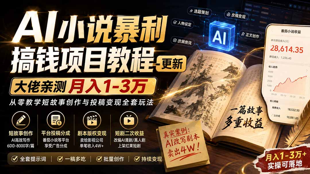 (20044期)AI小说暴利搞钱项目教程-更新,大佬亲测月入1-3万,从零教学短故事创作与投稿变现全套玩法-靠谱项目库