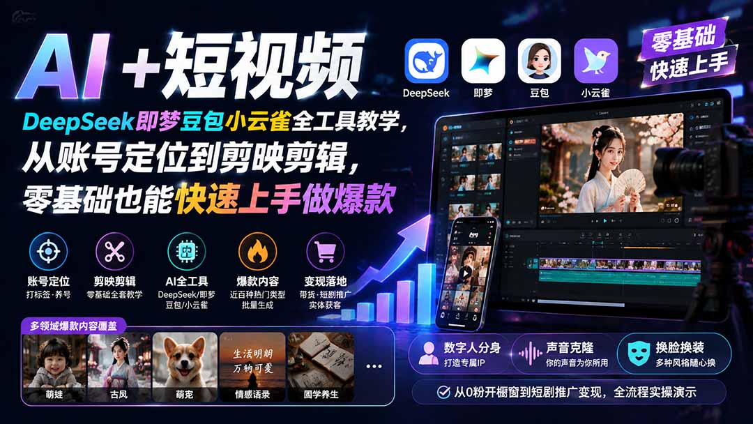 （19759期） AI+短视频｜DeepSeek即梦豆包小云雀全工具教学，从账号定位到剪映剪辑，零基础也能快速上手做爆款-靠谱项目库