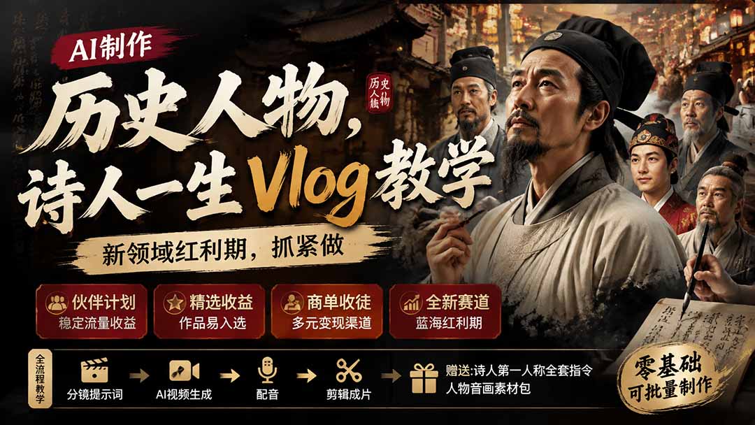 (19758期)历史人物,诗人一生Vlog教学, AI制作丨伙伴计划丨精选收益丨商单收徒 ,新领域红利期,抓紧做-靠谱项目库