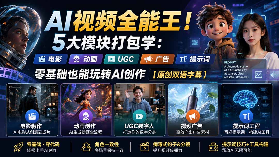 （20048期）AI视频全能王！5大模块打包学：电影、动画、UGC、广告、提示词，零基础也能玩转AI创作【原创双语字幕】-靠谱项目库