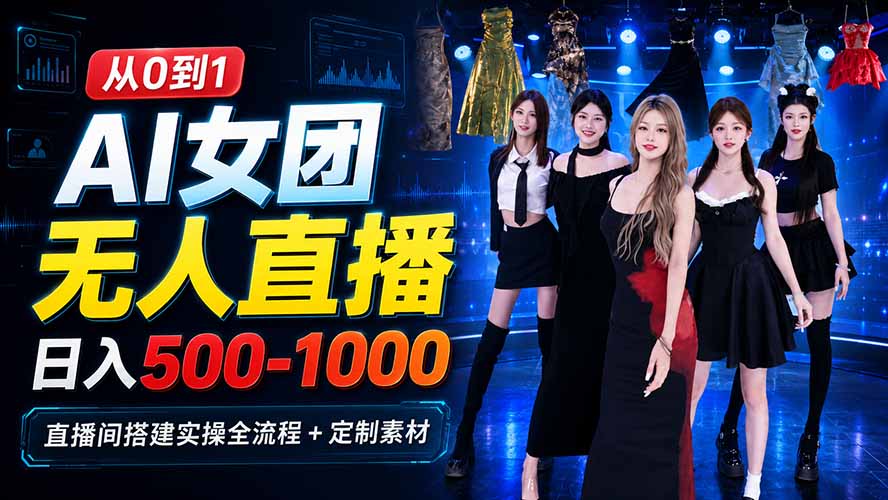 （20051期）AI 女团无人直播，躺入500‑1000每天，直播间搭建实操全流程+定制素材-靠谱项目库