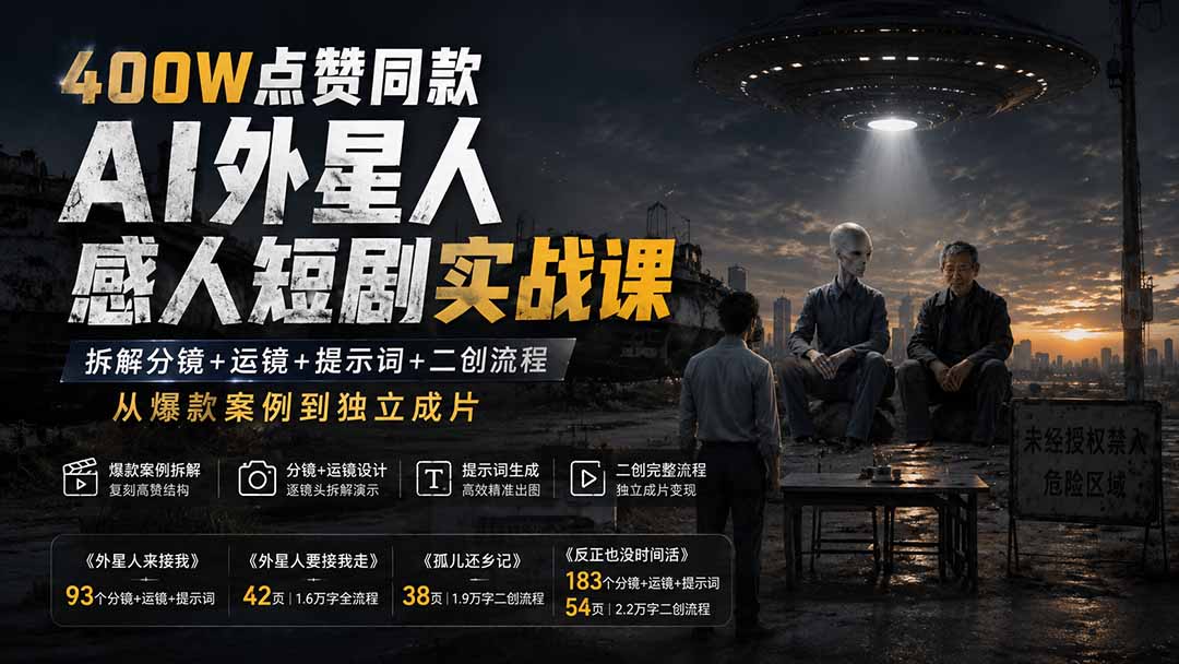 （20052期）400W点赞同款AI外星人感人短剧实战课：拆解分镜+运镜+提示词+二创流程，从爆款案例到独立成片-靠谱项目库