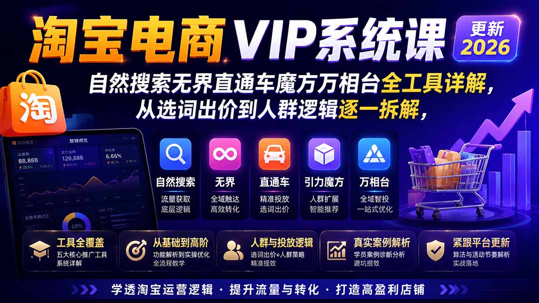 (20035期)淘宝电商VIP系统课-更新8月;自然搜索无界直通车魔方万相台全工具详解,从选词出价到人群逻辑逐一拆解-靠谱项目库