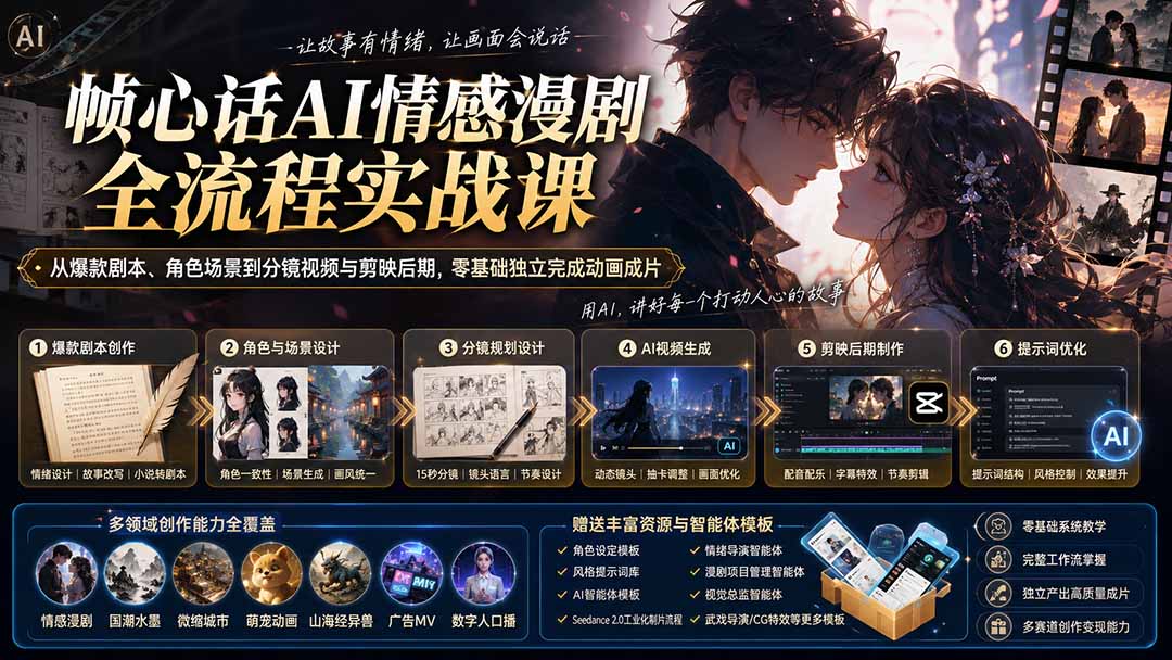 (20036期)帧心话AI情感漫剧全流程实战课:从爆款剧本、角色场景到分镜视频与剪映后期,零基础独立完成动画成片-靠谱项目库