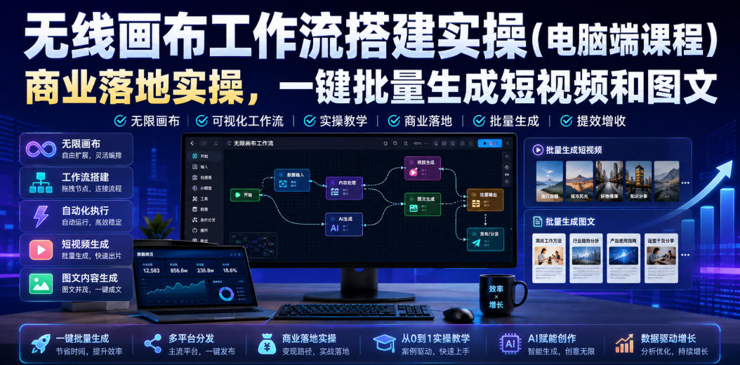无线画布工作流搭建实操（电脑端课程），商业落地实操，一键批量生成短视频和图文-靠谱项目库