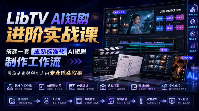 LibTV AI短剧进阶实战课，搭建一套成熟标准化AI短剧制作工作流，带你从素材创作走向专业镜头叙事-靠谱项目库