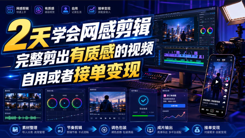2天学会网感剪辑，完整剪出有质感的视频，自用或者接单变现-靠谱项目库
