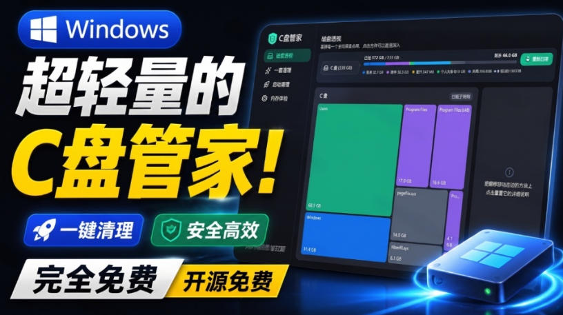 Windows超轻量的C盘管家！超级有特点，支持磁盘分析及清理提醒，2M大小体积，完全免费C盘管家-靠谱项目库