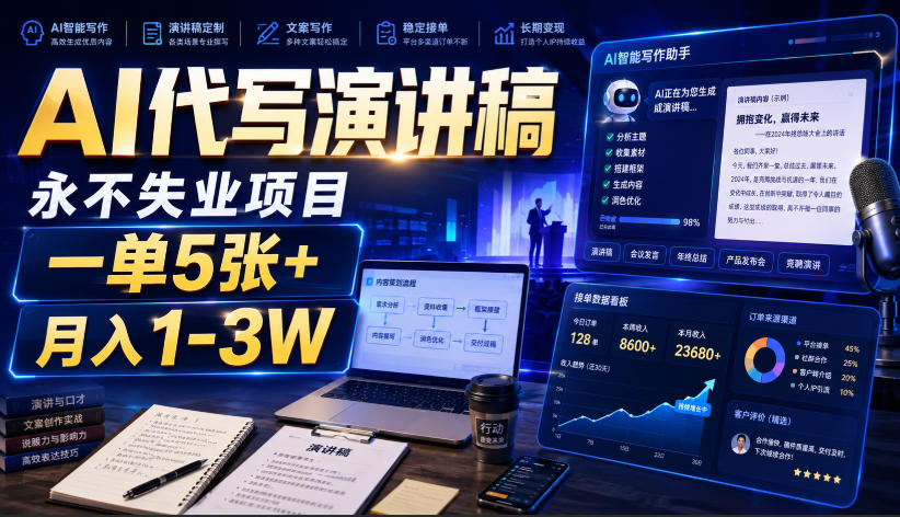 AI代写演讲稿，永不失业项目，一单5张+，月入1-3W【揭秘】-靠谱项目库