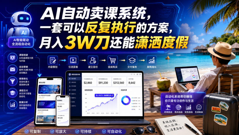 AI自动卖课系统，一套可以反复执行的方案，月入3W刀还能潇洒度假【原创双语字幕】-靠谱项目库